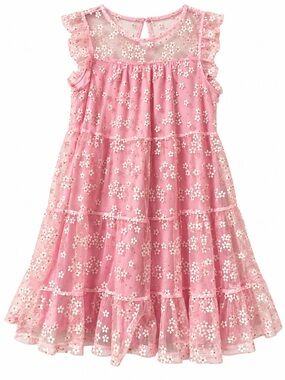 Poppies & Roses Girls Pink Floral Tulle Dress Size L – Tiered Ruffle Party Dress